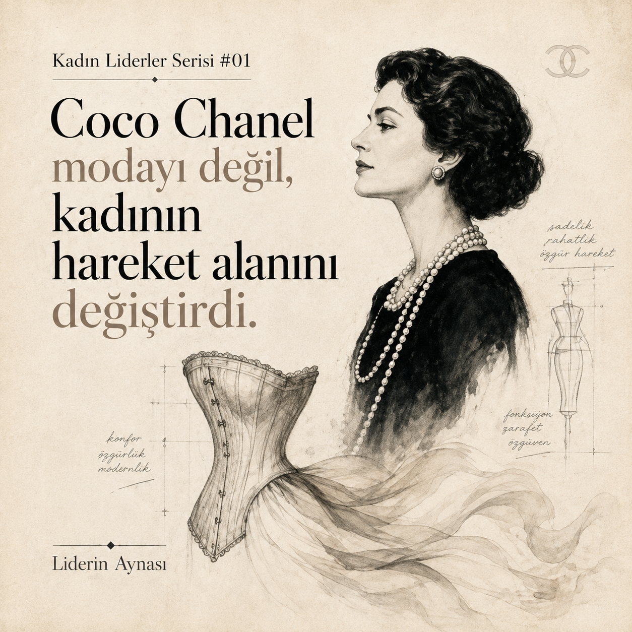 Coco Chanel'in çizim portresi, önünde bir korse ve serbest akan kumaş; üstte "Coco Chanel modayı değil, kadının hareket alanını değiştirdi." yazısı